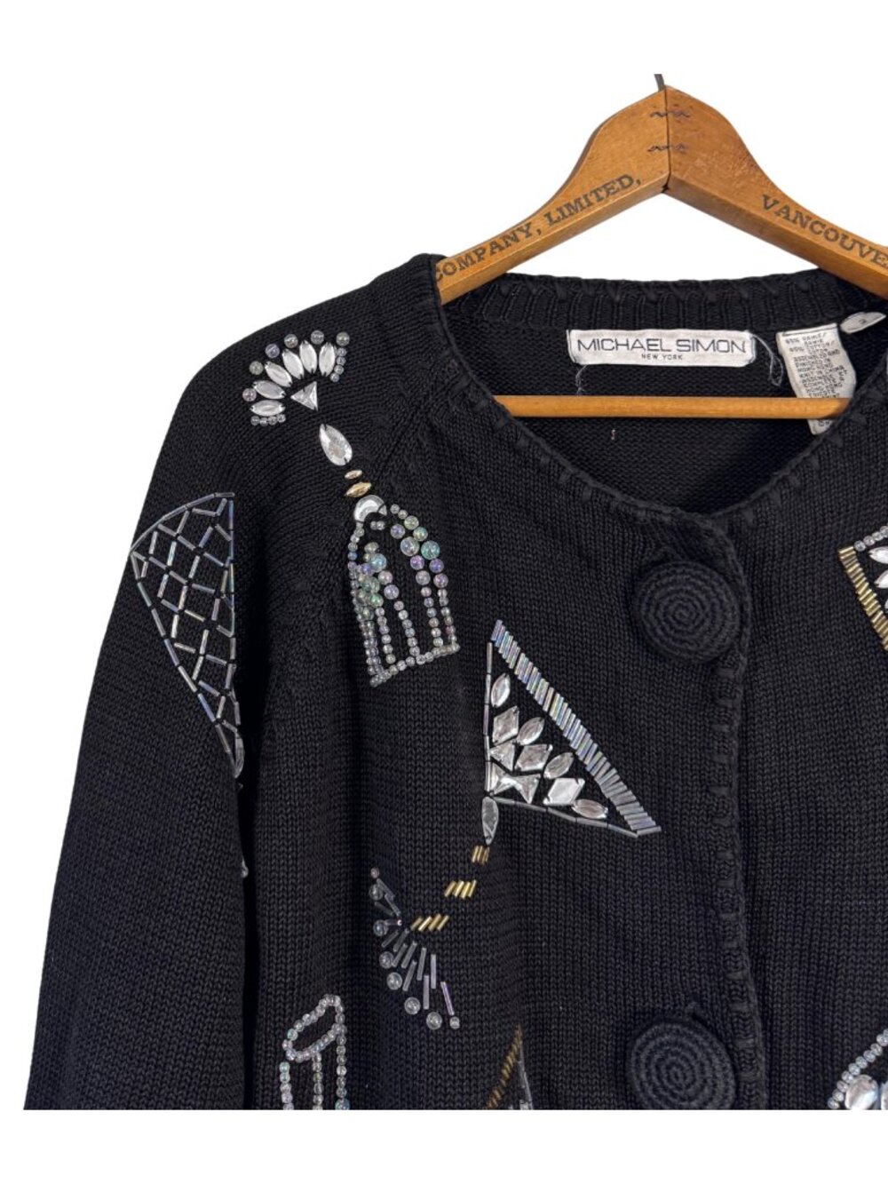 Black Beaded Embellished Cardigan, Vintage Cocktail Sweater, Statement Knit - Picture 3 of 7